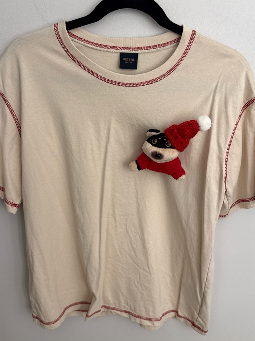 Together Cream Short Sleeve Tee with Red Stitching and puppy plush